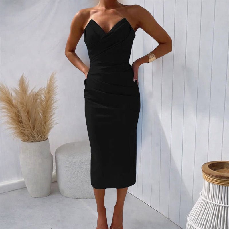 Women's Strapless Midi Dress – Ruched Bodice and Sweetheart Neckline - We are MFEO
