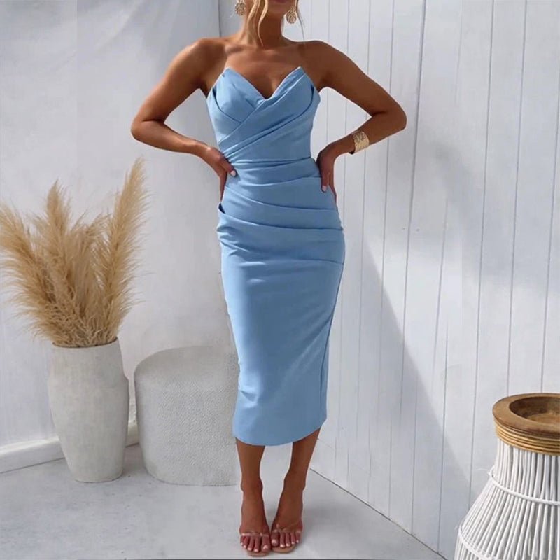 Women's Strapless Midi Dress – Ruched Bodice and Sweetheart Neckline - We are MFEO