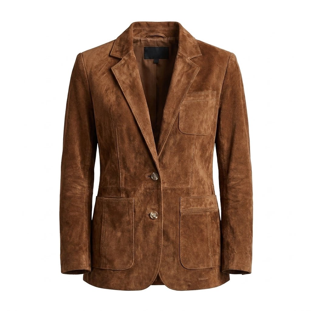 Women's Suede Blazer with Notched Lapel – Relaxed Fit with Functional Patch Pockets - We are MFEO