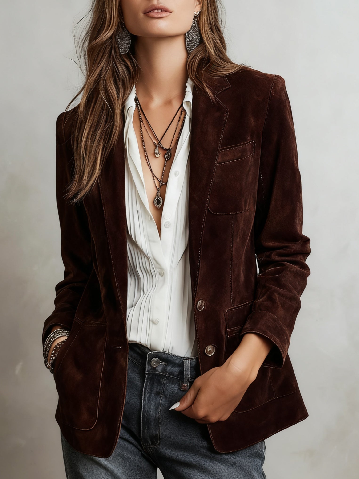 Women's Suede Blazer with Notched Lapel – Relaxed Fit with Functional Patch Pockets - We are MFEO