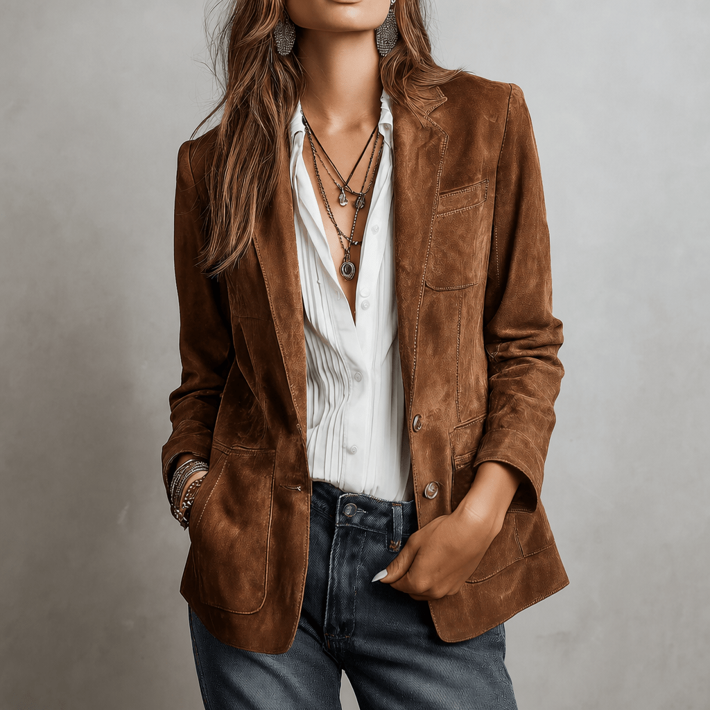 Women's Suede Blazer with Notched Lapel – Relaxed Fit with Functional Patch Pockets - We are MFEO