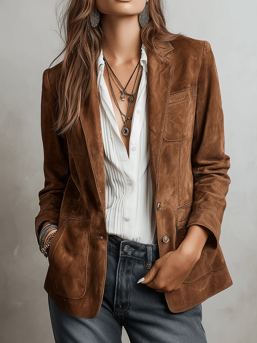 Women's Suede Blazer with Notched Lapel – Relaxed Fit with Functional Patch Pockets - We are MFEO