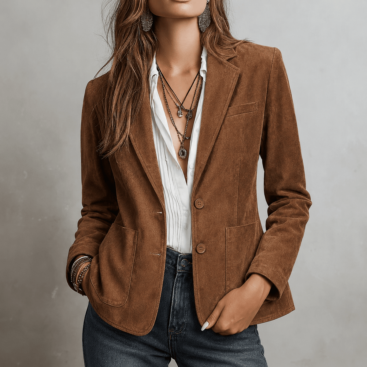 Women's Suede Jacket with Notch Lapel – Relaxed Tailored Fit and Patch Pockets - We are MFEO