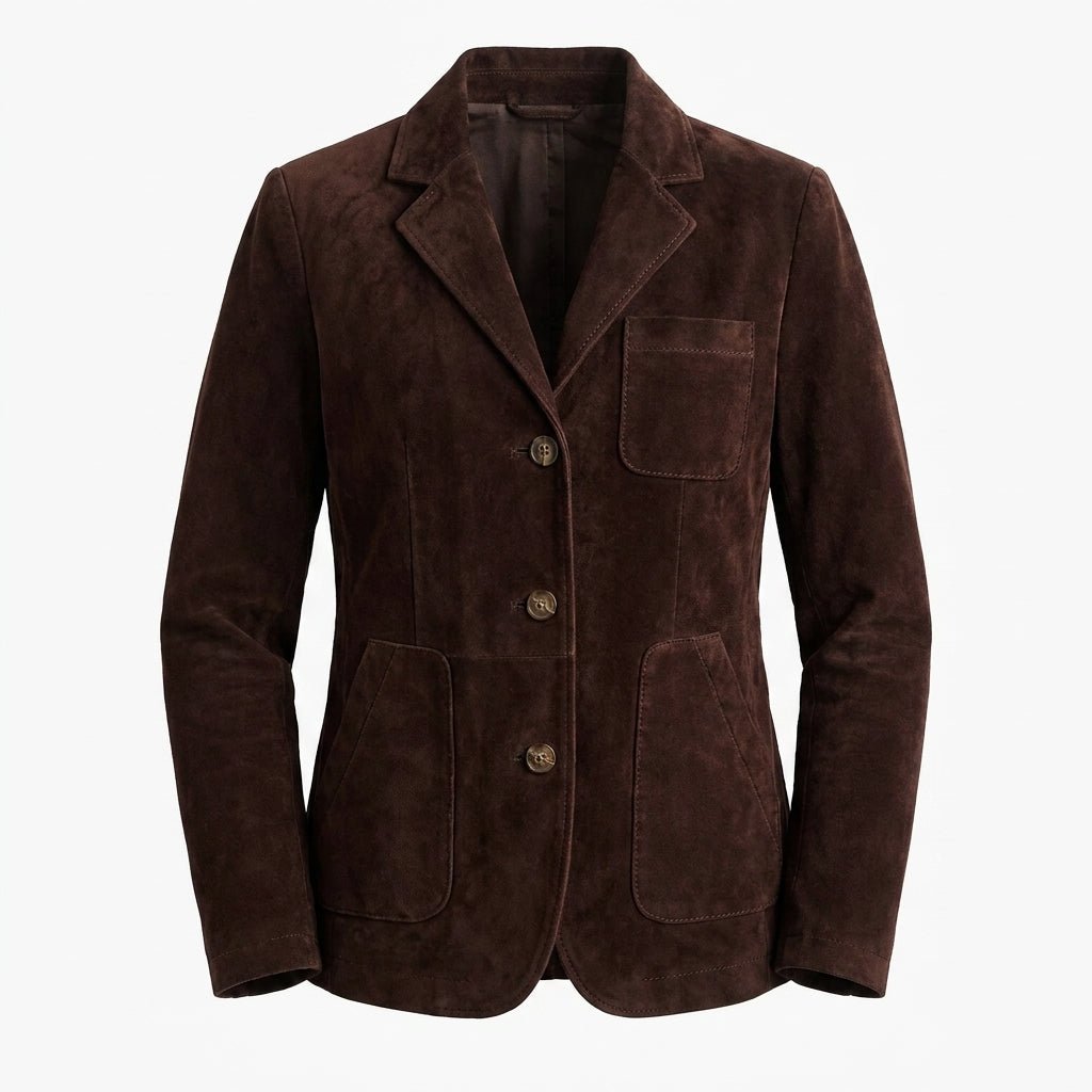 Women's Suede Jacket with Notch Lapel – Relaxed Tailored Fit and Patch Pockets - We are MFEO