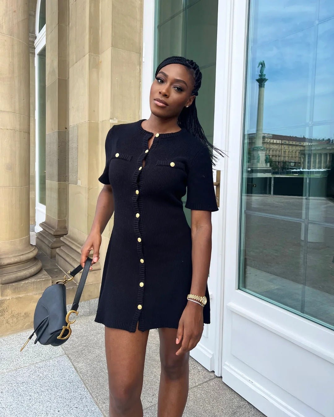 Women's Summer Knit Mini Dress – Button Down with Frilled Collar and Short Sleeves - We are MFEO