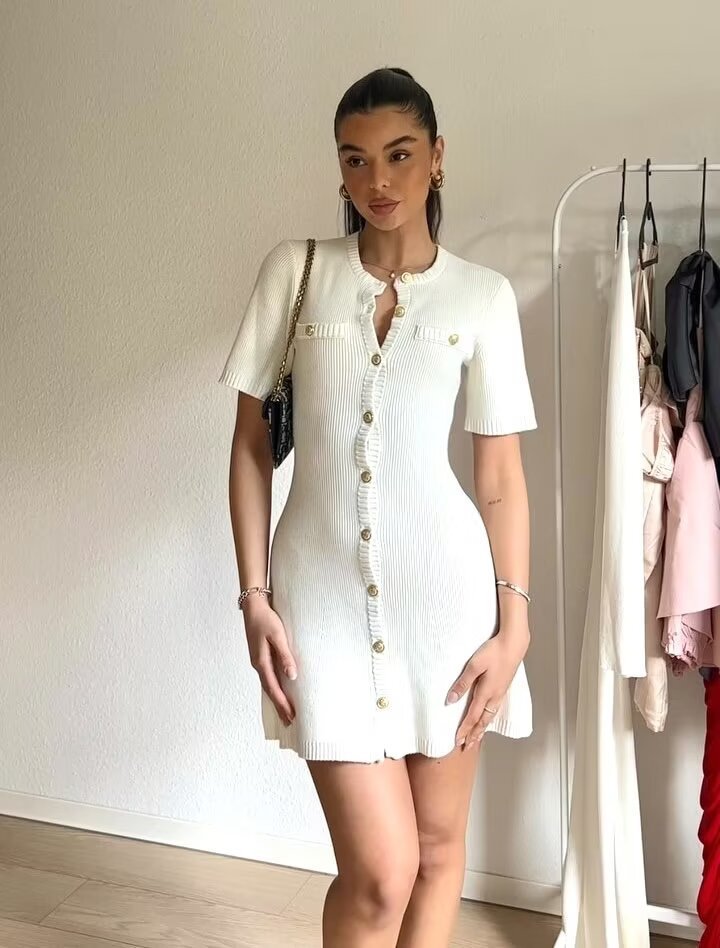 Women's Summer Knit Mini Dress – Button Down with Frilled Collar and Short Sleeves - We are MFEO