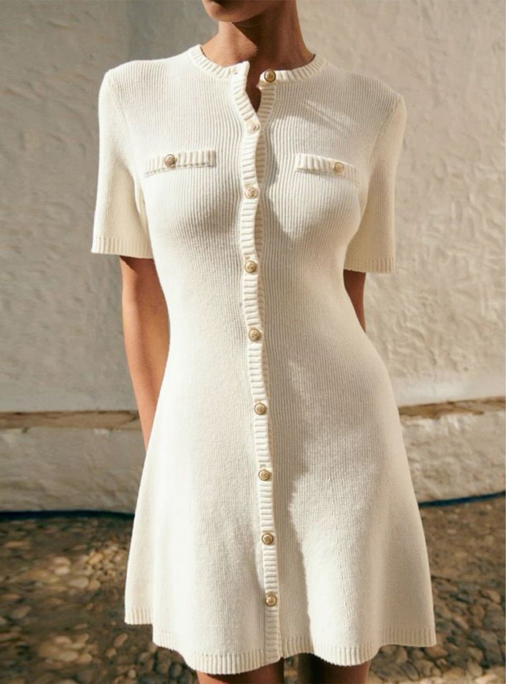 Women's Summer Knit Mini Dress – Button Down with Frilled Collar and Short Sleeves - We are MFEO