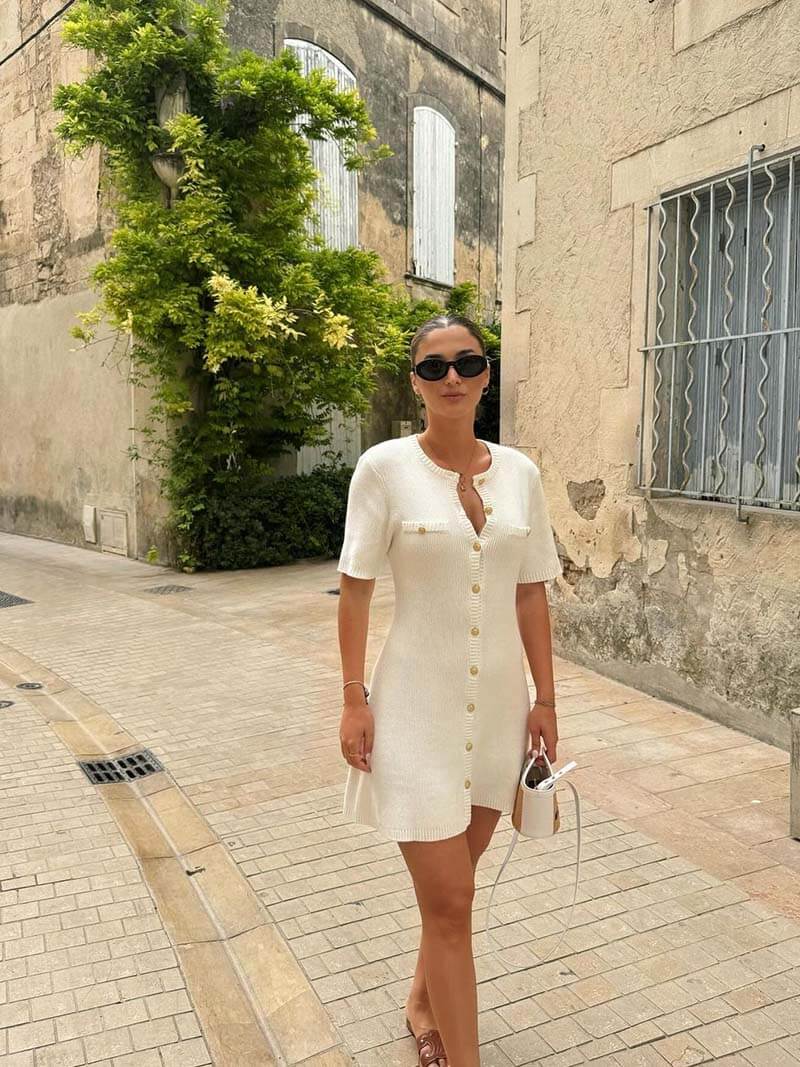 Women's Summer Knit Mini Dress – Button Down with Frilled Collar and Short Sleeves - We are MFEO