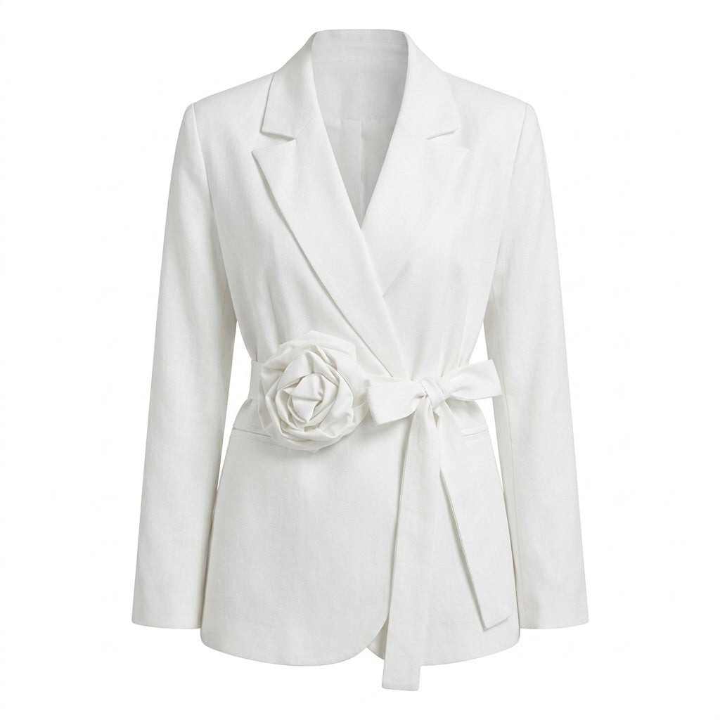Women's Tailored Wrap Blazer – Rosette Appliqué with Self-Tie Belt - We are MFEO