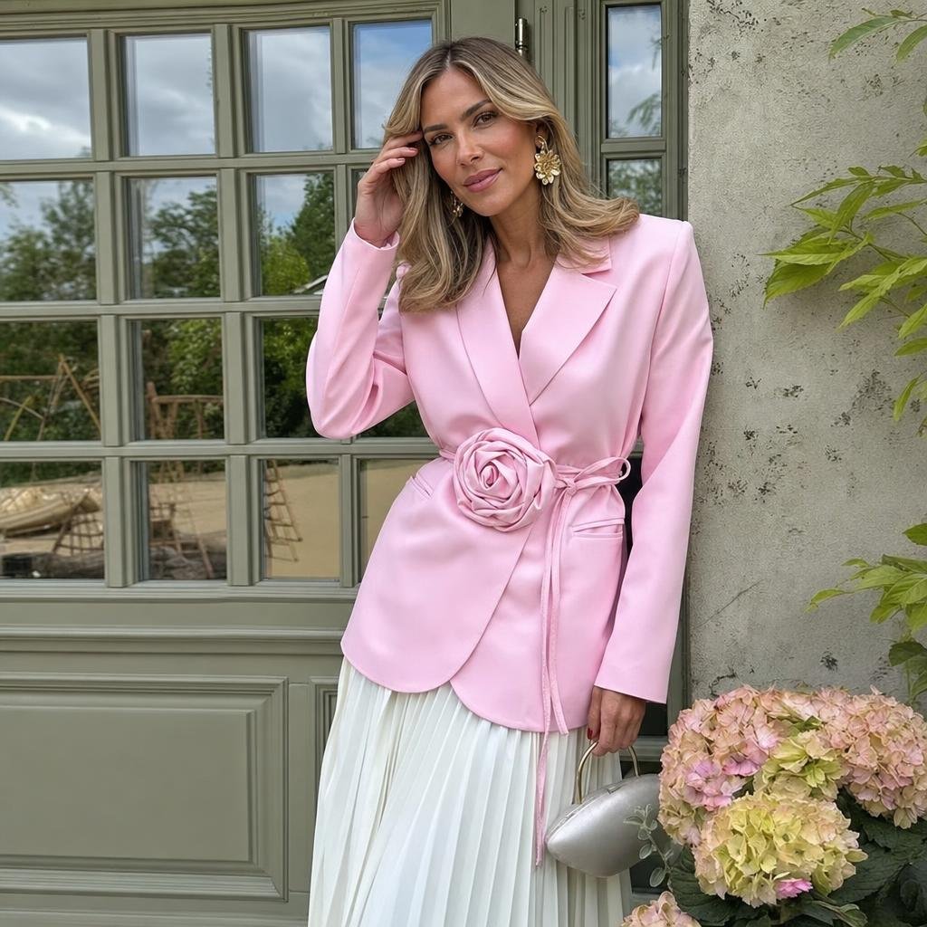 Women's Tailored Wrap Blazer – Rosette Appliqué with Self-Tie Belt - We are MFEO