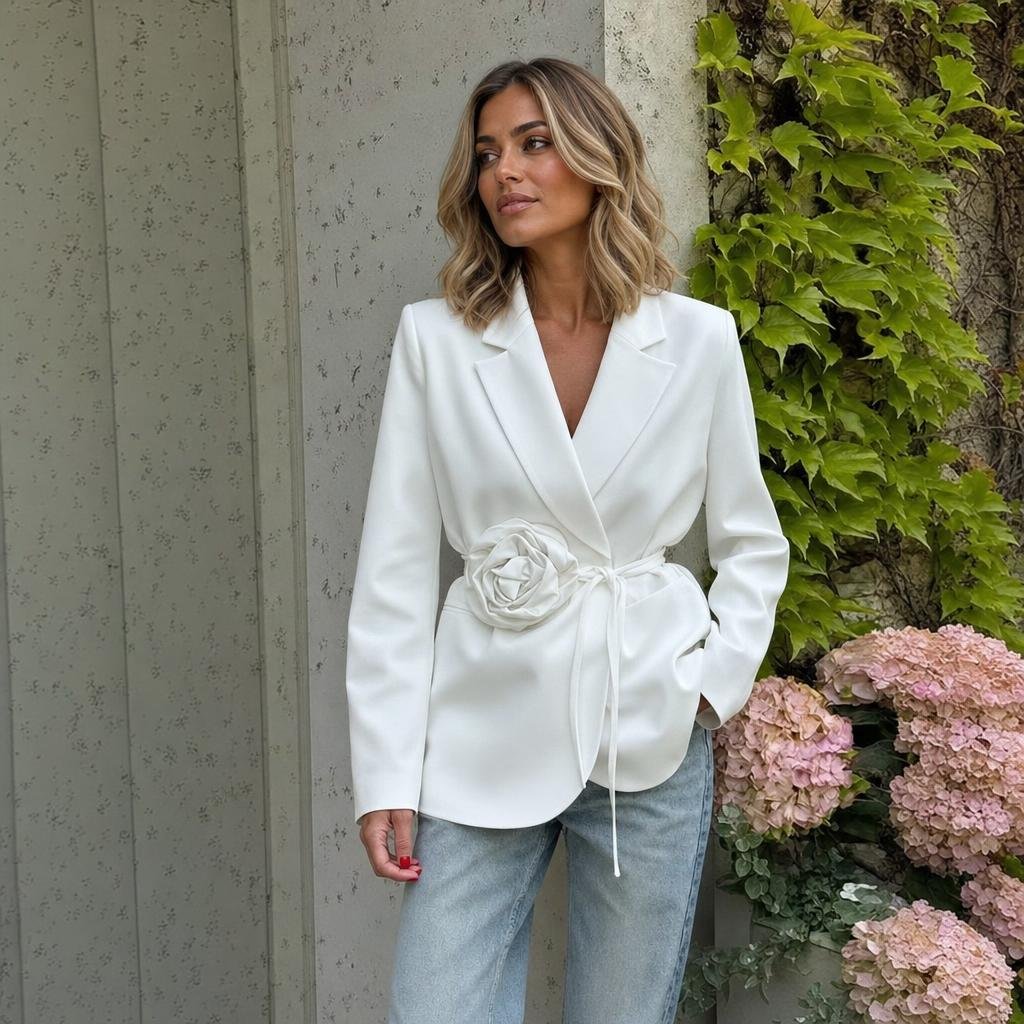 Women's Tailored Wrap Blazer – Rosette Appliqué with Self-Tie Belt - We are MFEO