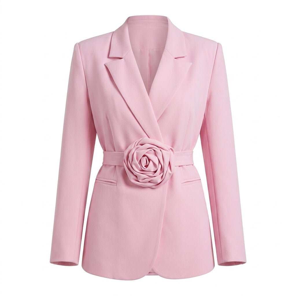 Women's Tailored Wrap Blazer – Rosette Appliqué with Self-Tie Belt - We are MFEO