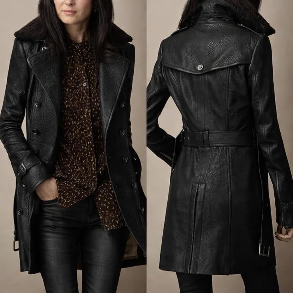 Women's Trench Coat – Faux Leather, Double-Breasted Design with Shearling Collar - We are MFEO