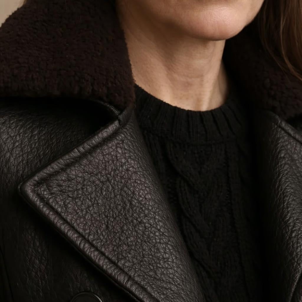 Women's Trench Coat – Faux Leather, Double-Breasted Design with Shearling Collar - We are MFEO