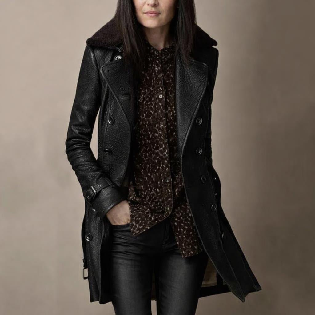 Women's Trench Coat – Faux Leather, Double-Breasted Design with Shearling Collar - We are MFEO