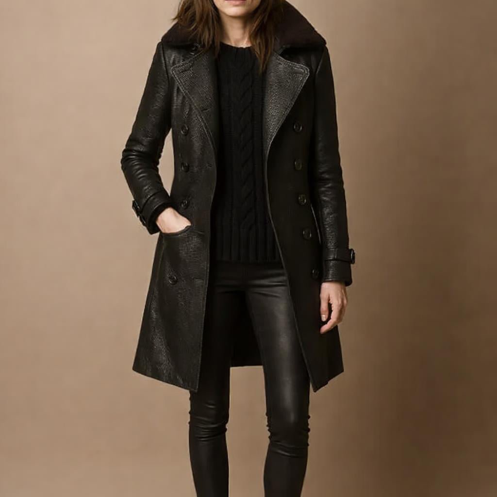Women's Trench Coat – Faux Leather, Double-Breasted Design with Shearling Collar - We are MFEO
