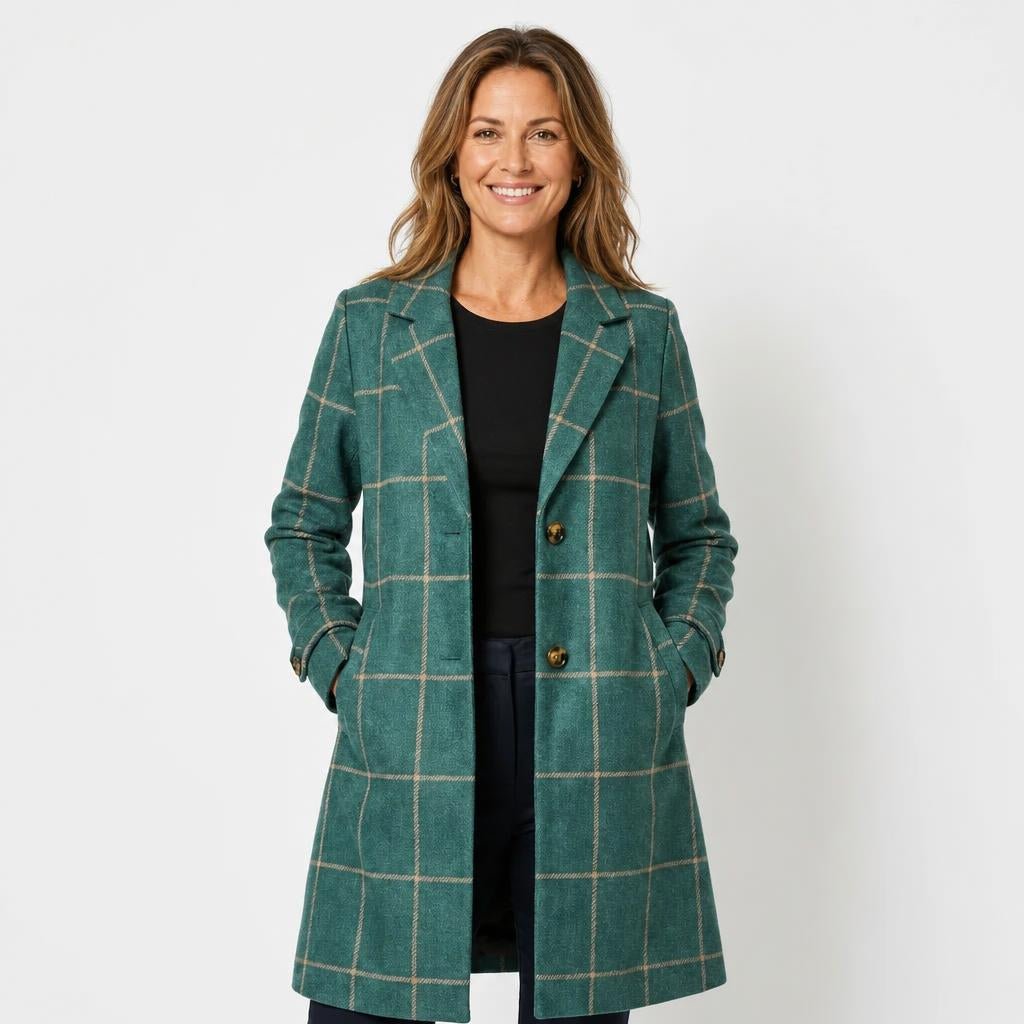 Women's Trench Coat – Long Checkered Design with Notched Lapel - We are MFEO