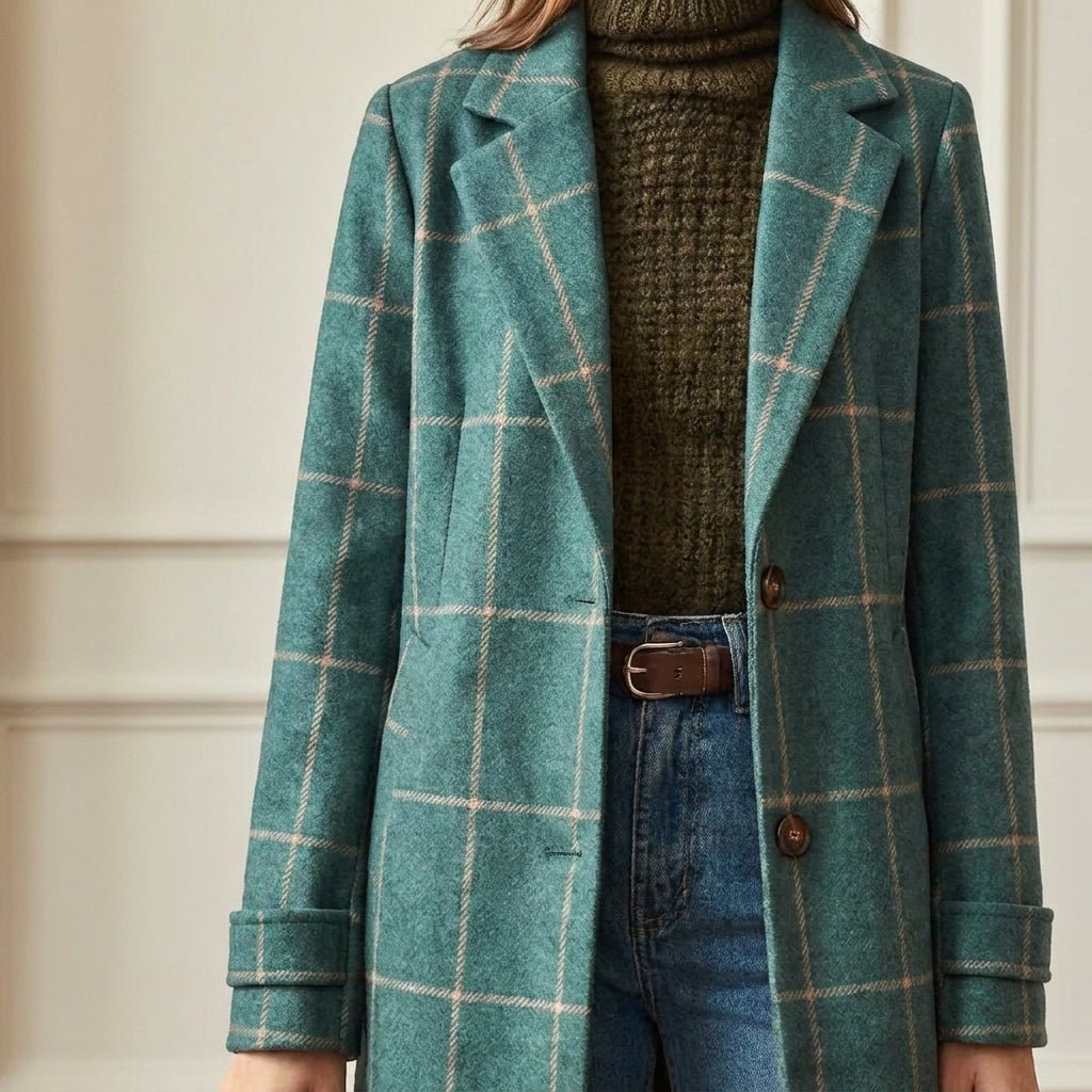 Women's Trench Coat – Long Checkered Design with Notched Lapel - We are MFEO