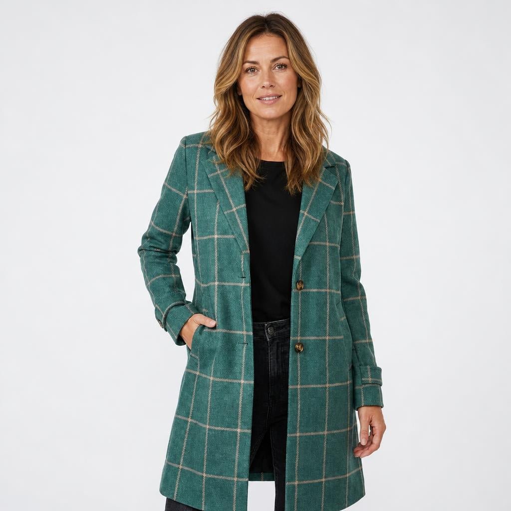 Women's Trench Coat – Long Checkered Design with Notched Lapel - We are MFEO