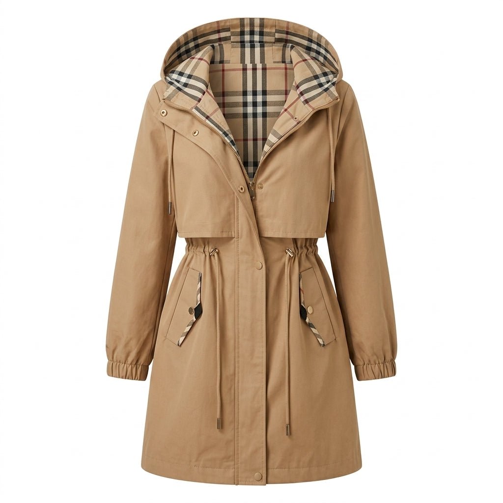 Women's Trench Coat with Hood – Adjustable Drawstring and Plaid Lining - We are MFEO