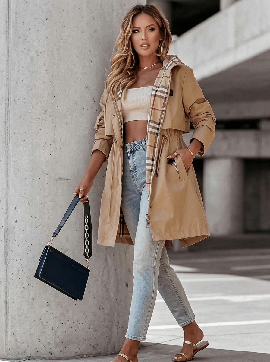 Women's Trench Coat with Hood – Adjustable Drawstring and Plaid Lining - We are MFEO