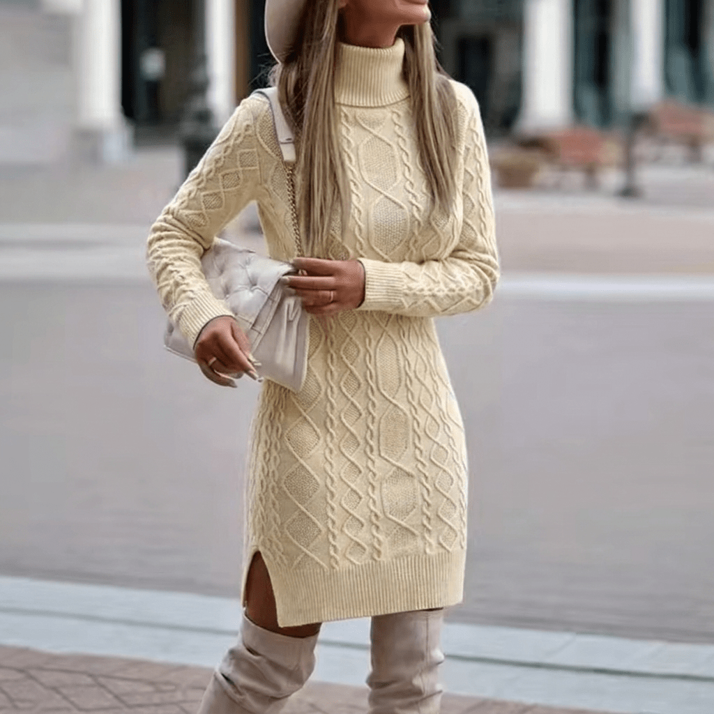 Women's Turtleneck Knit Dress – Long Sleeve Midi with Cable Pattern - We are MFEO
