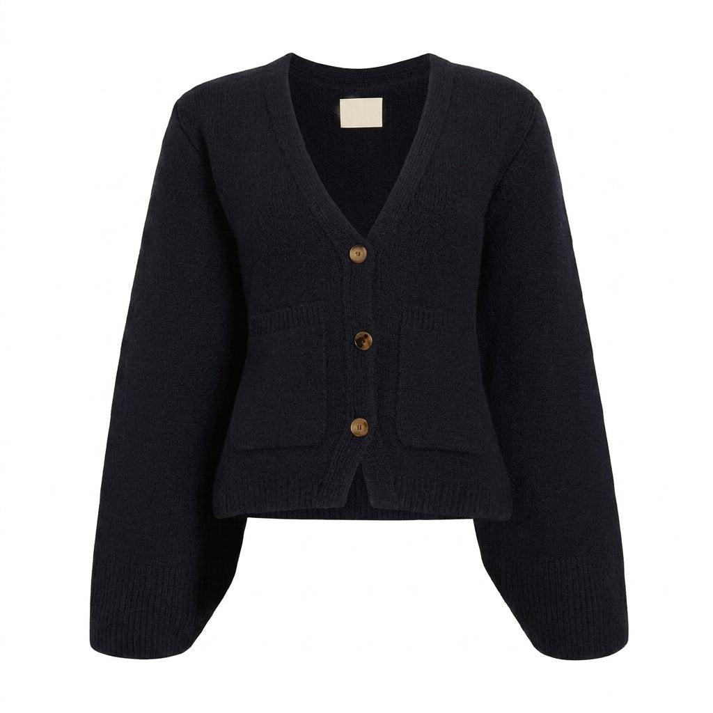 Women's V-Neck Black Cardigan – Relaxed Fit with Button Closure and Patch Pockets - We are MFEO