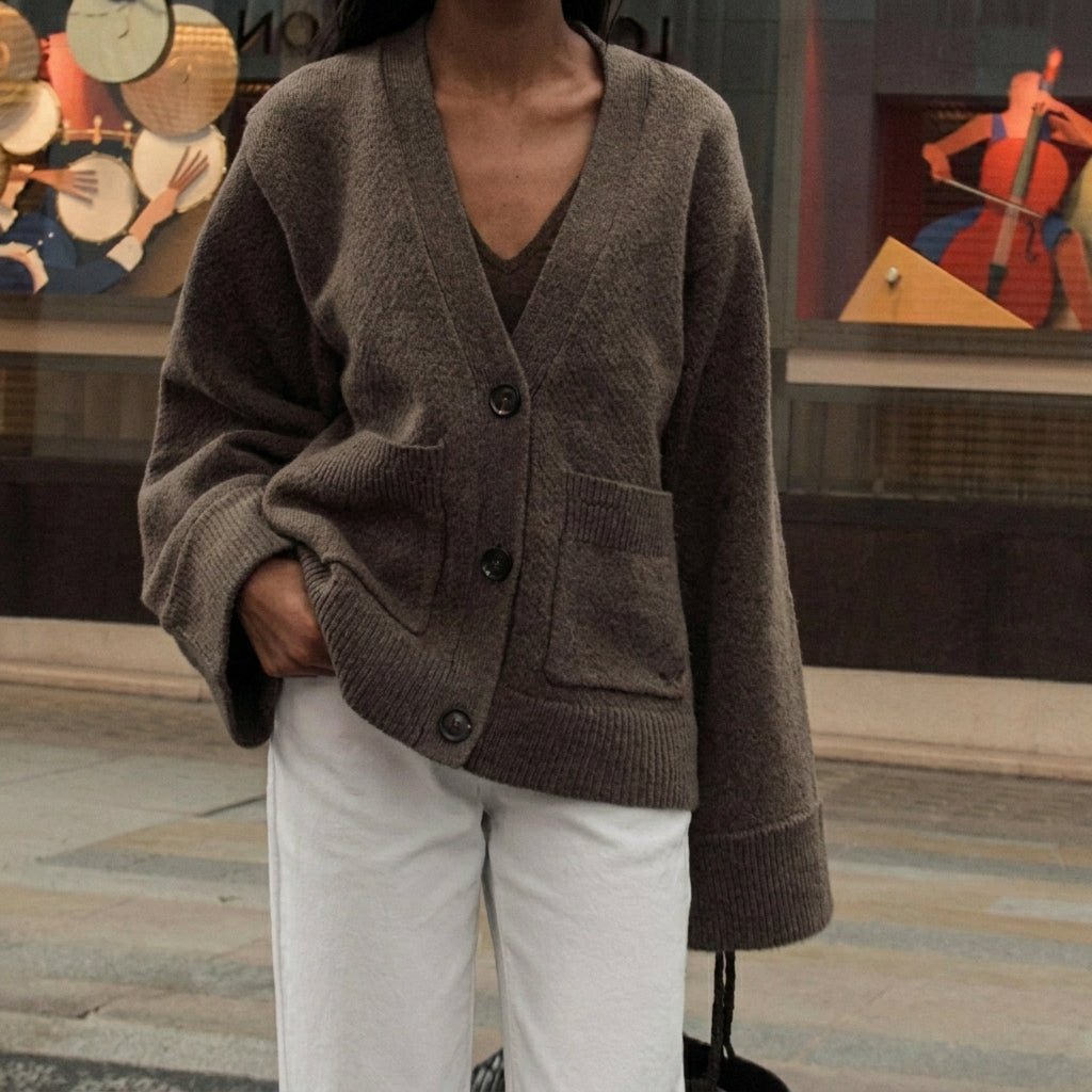 Women's V-Neck Black Cardigan – Relaxed Fit with Button Closure and Patch Pockets - We are MFEO