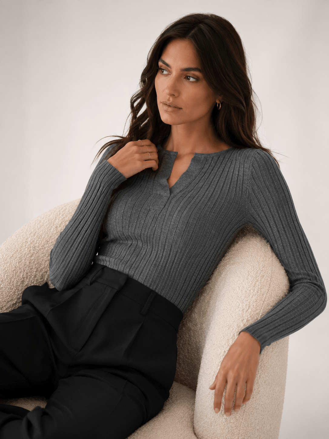 Women's V-Neck Textured Knit Top – Long Sleeve, High Stretch - We are MFEO