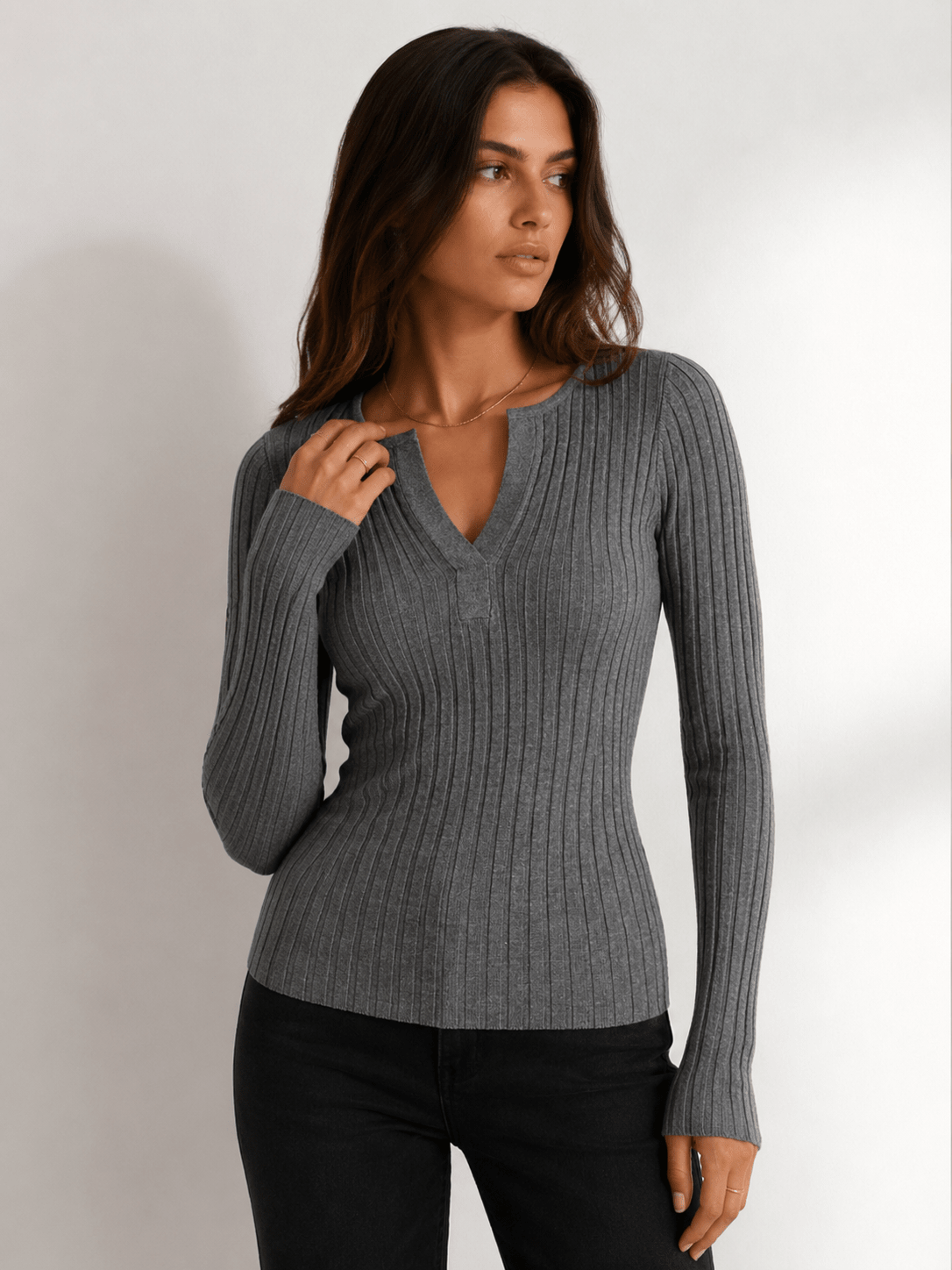 Women's V-Neck Textured Knit Top – Long Sleeve, High Stretch - We are MFEO