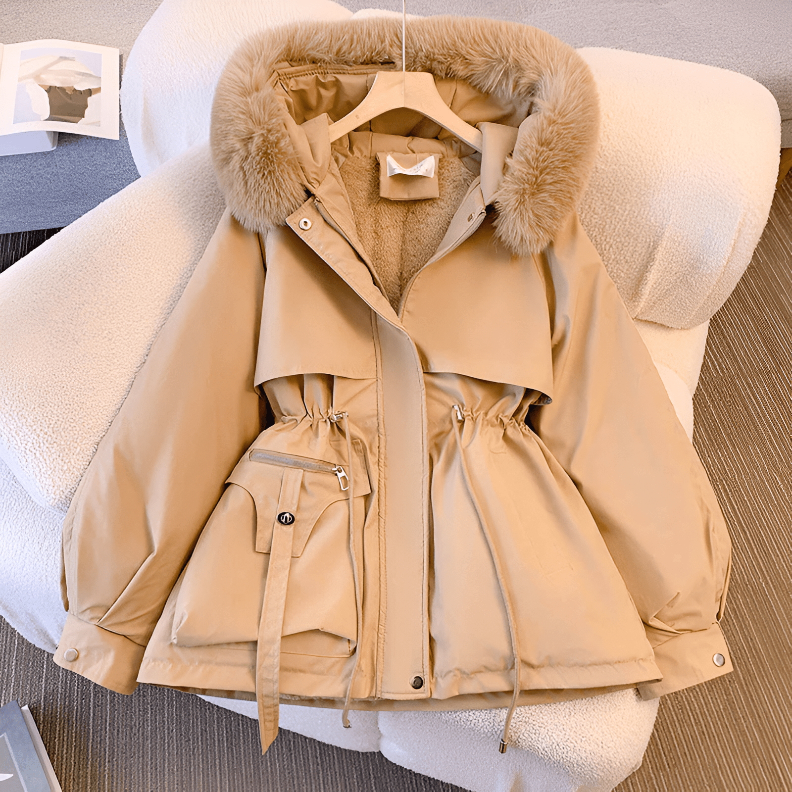 Women's Winter Coat with Faux Fur Collar – Casual Drawstring Waist for Chilly Days - We are MFEO