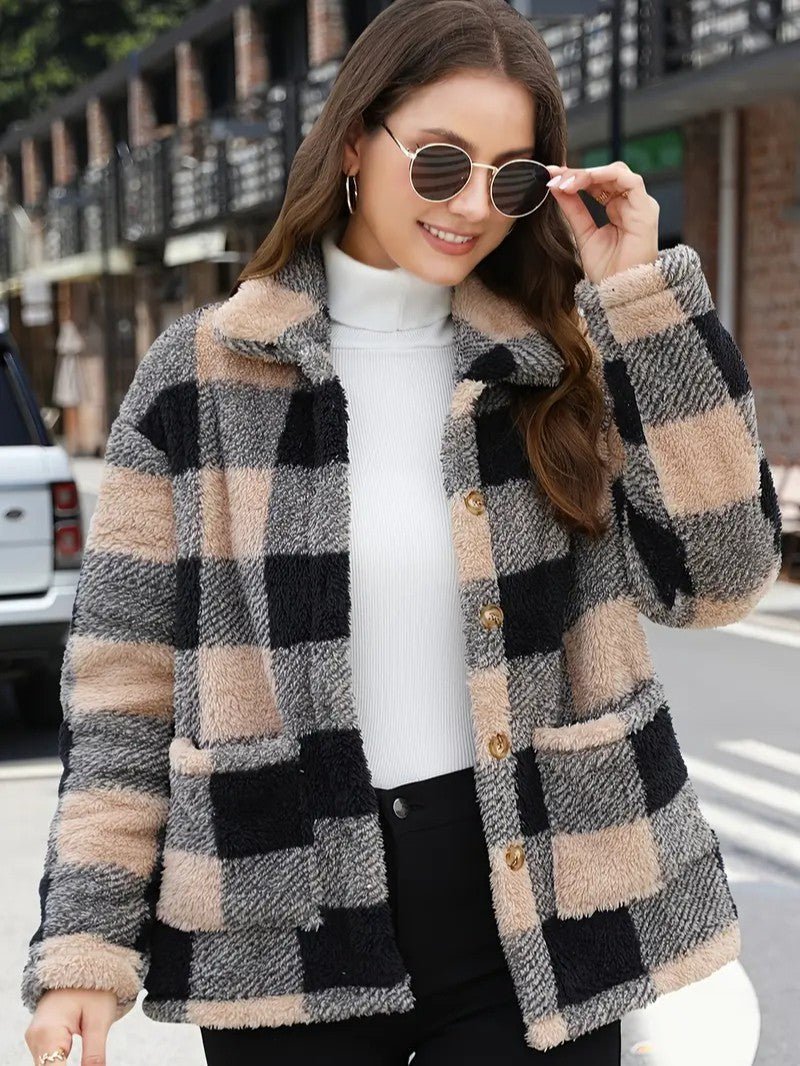 Women's Winter Jacket – Plaid Button Front Coat with Pockets - We are MFEO