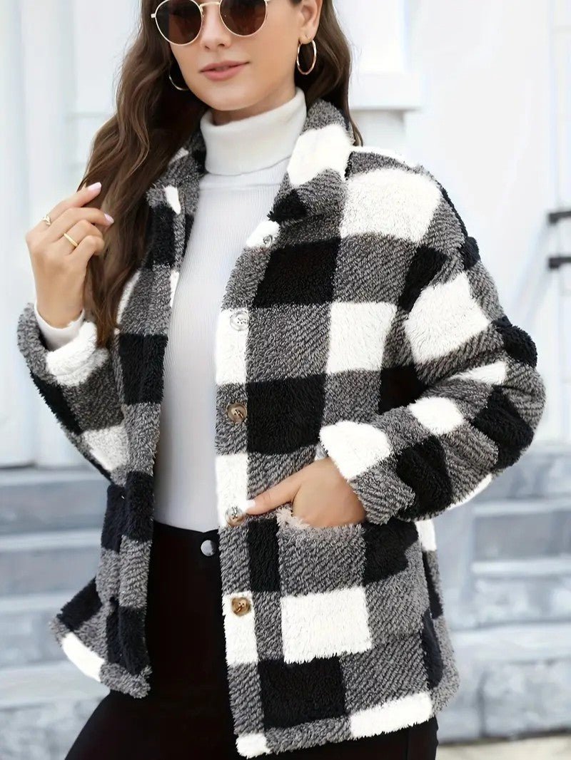 Women's Winter Jacket – Plaid Button Front Coat with Pockets - We are MFEO