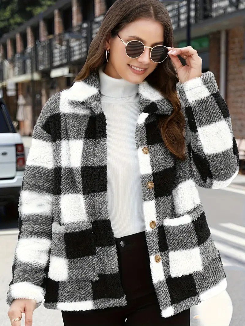 Women's Winter Jacket – Plaid Button Front Coat with Pockets - We are MFEO