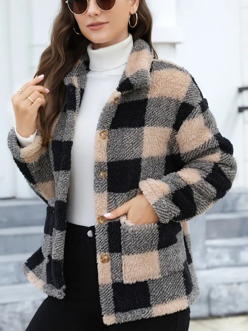 Women's Winter Jacket – Plaid Button Front Coat with Pockets - We are MFEO