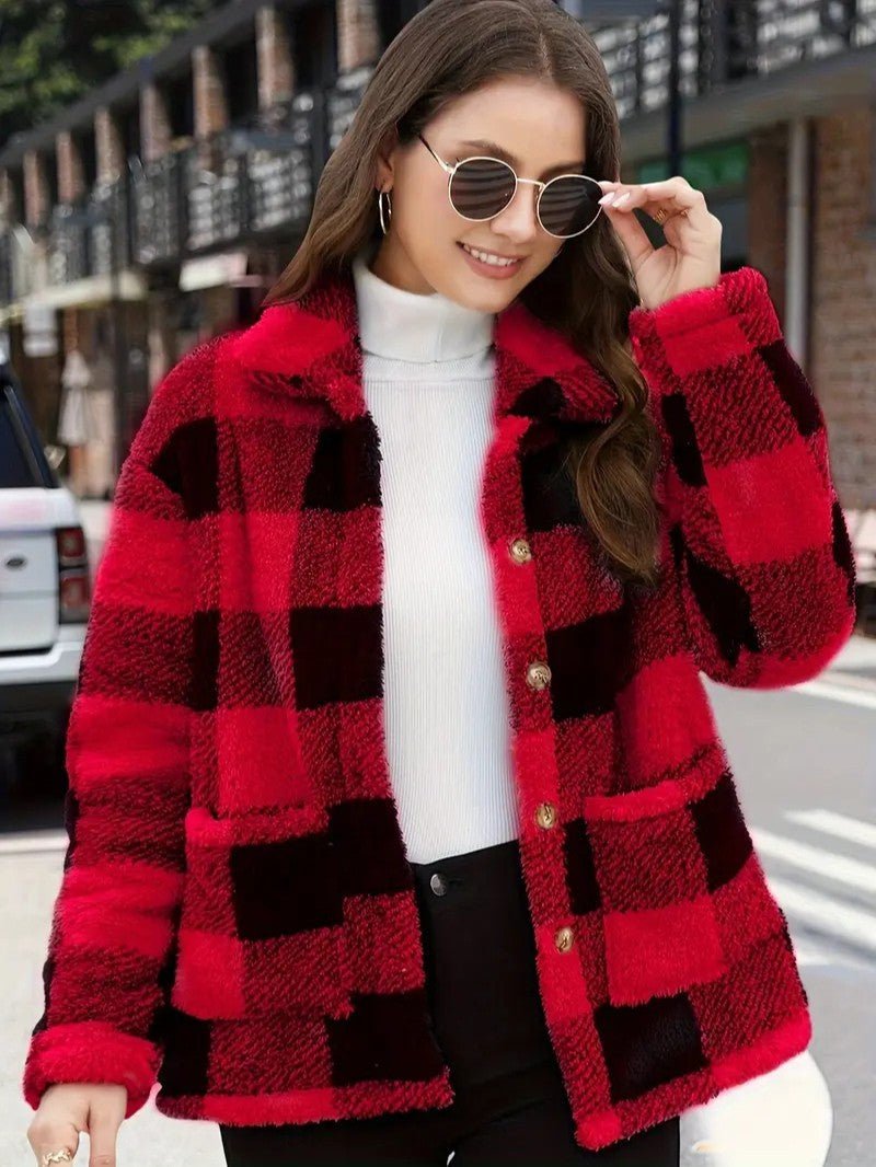 Women's Winter Jacket – Plaid Button Front Coat with Pockets - We are MFEO