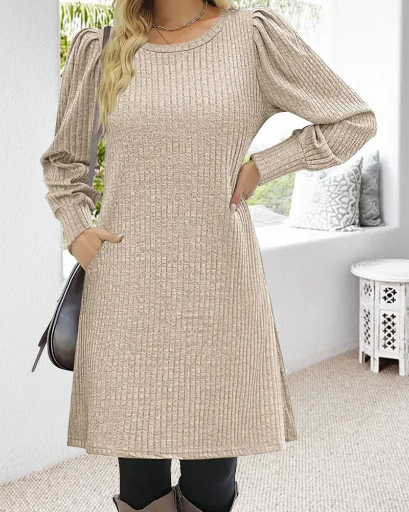 Women's Winter Mini Dress – Puff Sleeves with Ribbed A-Line Skirt - We are MFEO