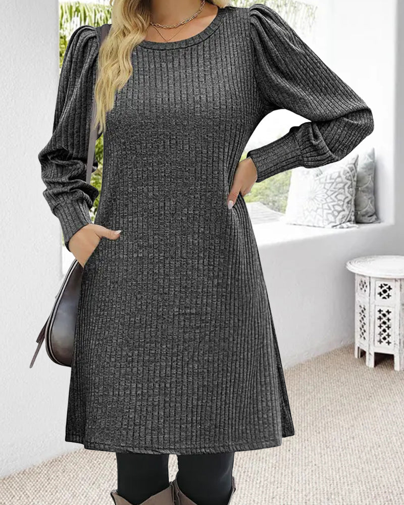 Women's Winter Mini Dress – Puff Sleeves with Ribbed A-Line Skirt - We are MFEO