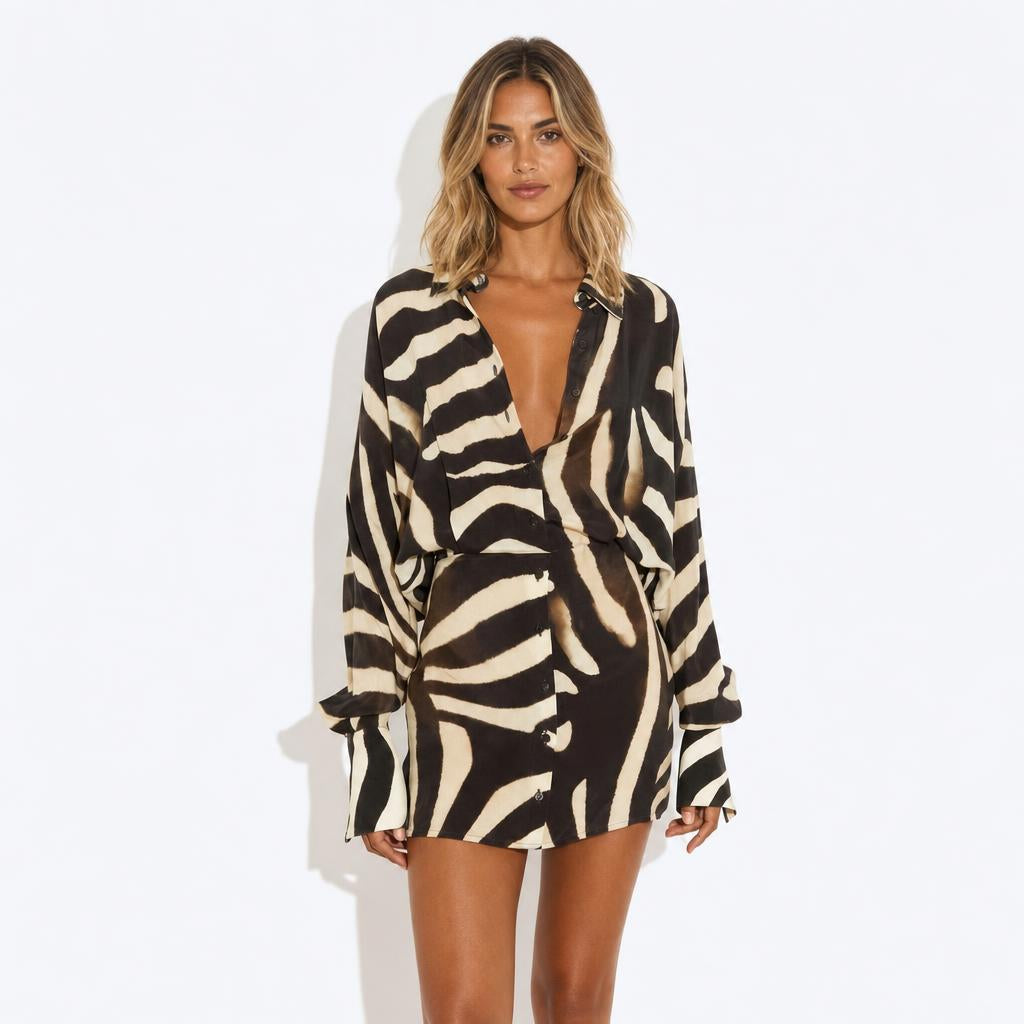 Zebra Print Mini Dress with Long Sleeves for Casual and Evening Wear